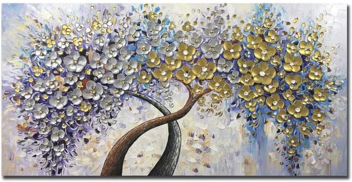 Gold And Silver Blossom Floral Canvas Wall Art Decor Living Room - Image 2