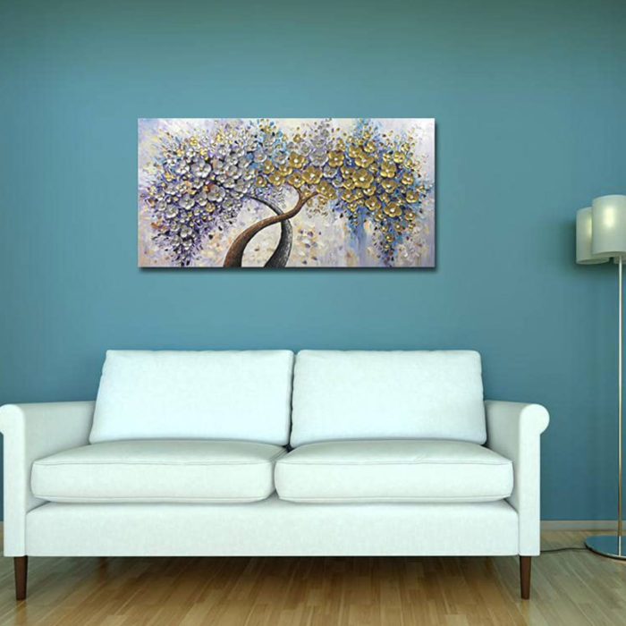 Gold And Silver Blossom Floral Canvas Wall Art Decor Living Room