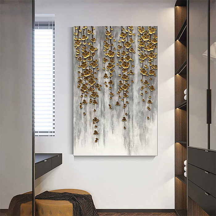 Gold Flower Strings Downwards Grow French Grey Vertical Art