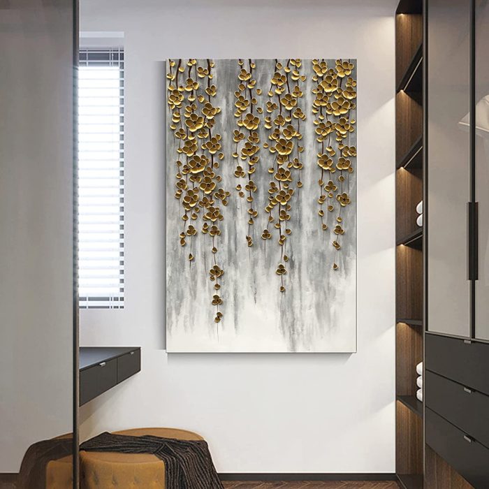 Gold Flower Strings Downwards Grow French Grey Vertical Art - Image 4