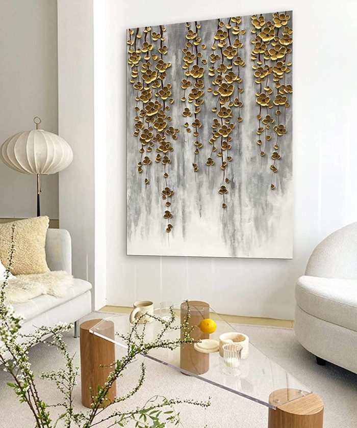 Gold Flower Strings Downwards Grow French Grey Vertical Art - Image 2