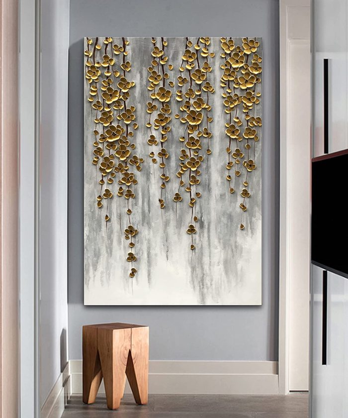 Gold Flower Strings Downwards Grow French Grey Vertical Art - Image 3