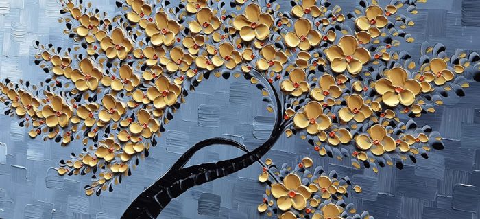 Gold Flowering Black Trunk Grey To White Texture 3D Wall Art - Image 2
