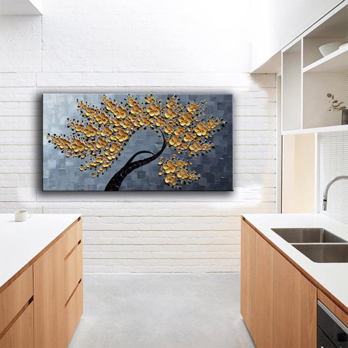 Gold Flowering Black Trunk Grey To White Texture 3D Wall Art