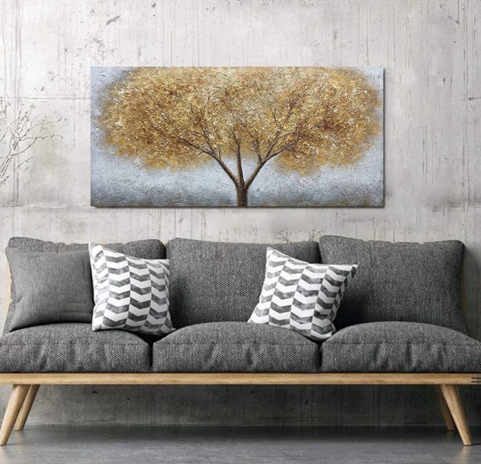 Gold Leaves Tree With Three Branches Modern Canvas Wall Art - Image 6