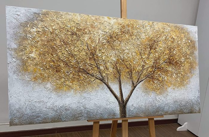 Gold Leaves Tree With Three Branches Modern Canvas Wall Art - Image 4