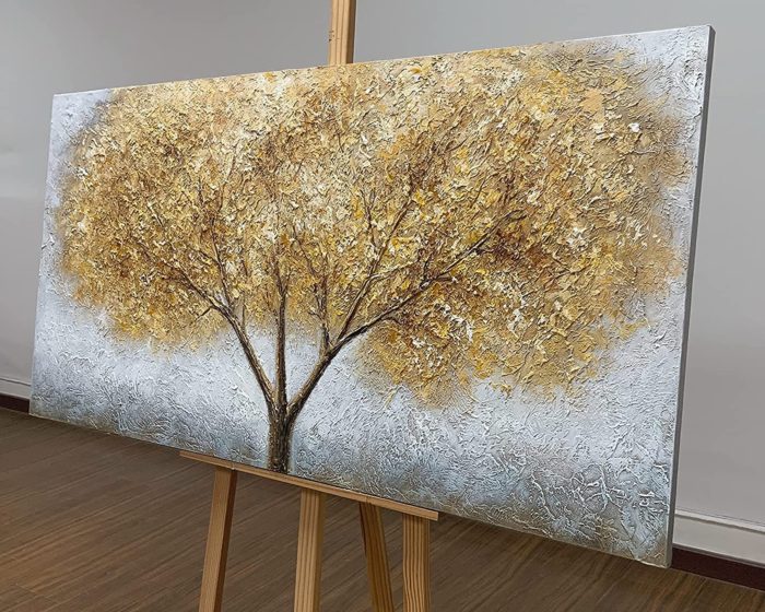 Gold Leaves Tree With Three Branches Modern Canvas Wall Art - Image 5
