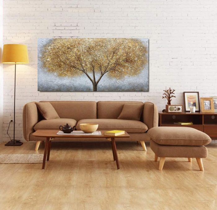Gold Leaves Tree With Three Branches Modern Canvas Wall Art