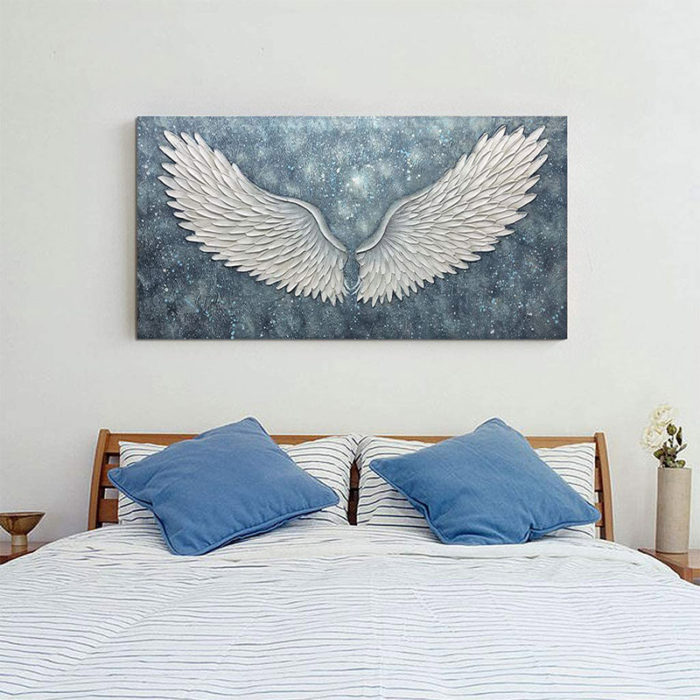 Hand Painted Angel Wings Light Blue Starry Sky Wall Art For Home
