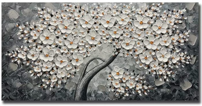 Hand Painted Canvas Art Texture Palette Knife White Petals Painting - Image 2