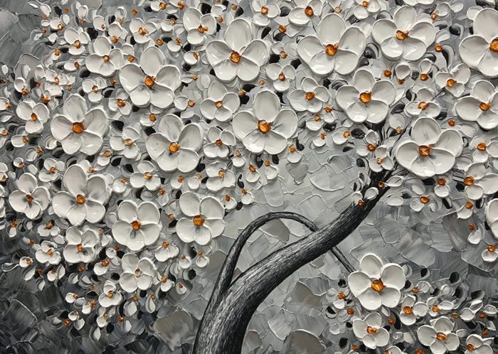 Hand Painted Canvas Art Texture Palette Knife White Petals Painting - Image 3