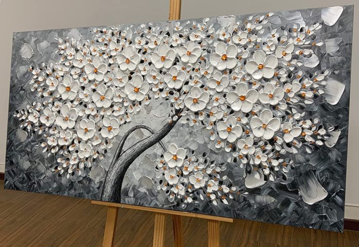 Hand Painted Canvas Art Texture Palette Knife White Petals Painting - Image 5