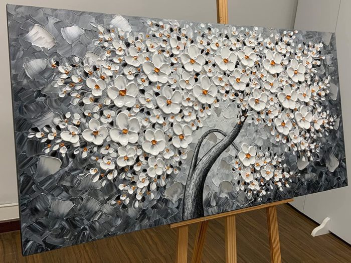 Hand Painted Canvas Art Texture Palette Knife White Petals Painting - Image 4