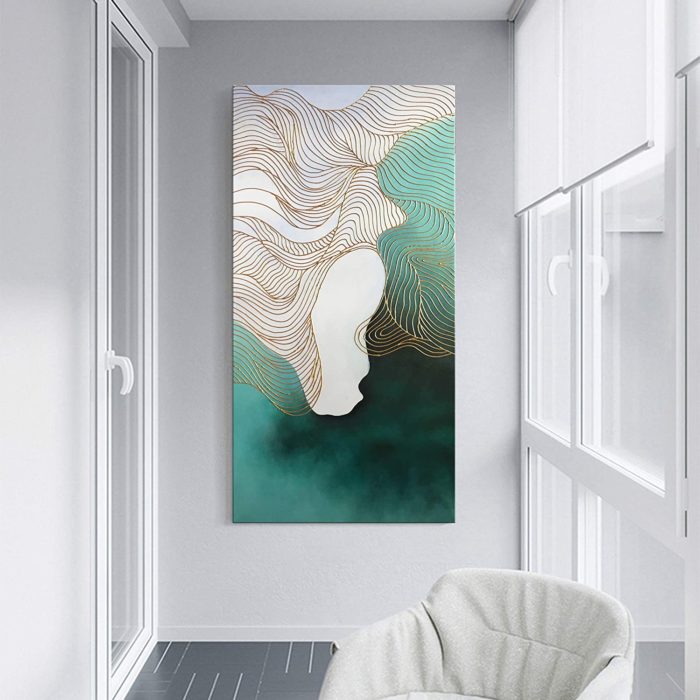 Irregular Gold Line Blue-Green Abstract Canvas Painting For Hallway - Image 6