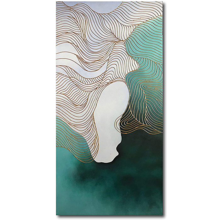Irregular Gold Line Blue-Green Abstract Canvas Painting For Hallway - Image 2