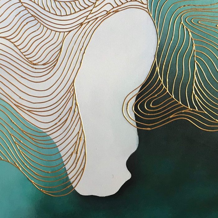 Irregular Gold Line Blue-Green Abstract Canvas Painting For Hallway - Image 3