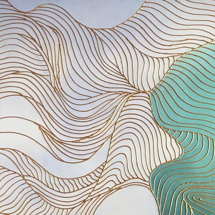 Irregular Gold Line Blue-Green Abstract Canvas Painting For Hallway - Image 4
