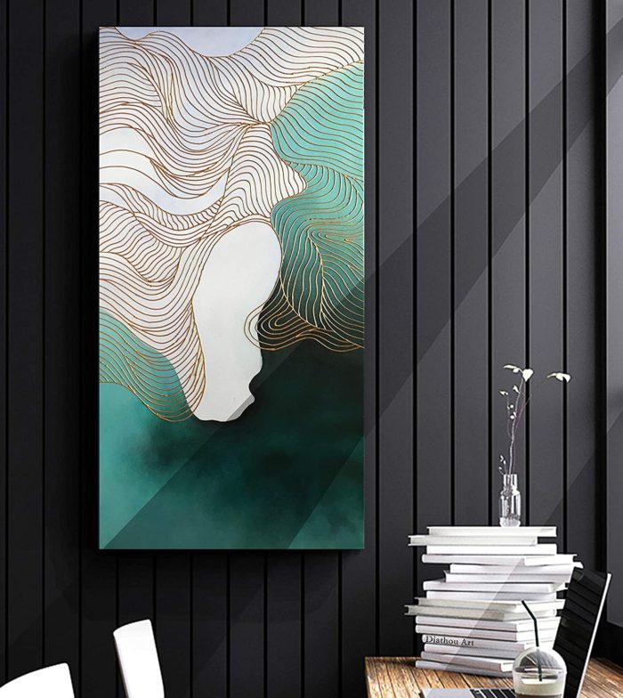 Irregular Gold Line Blue-Green Abstract Canvas Painting For Hallway - Image 5