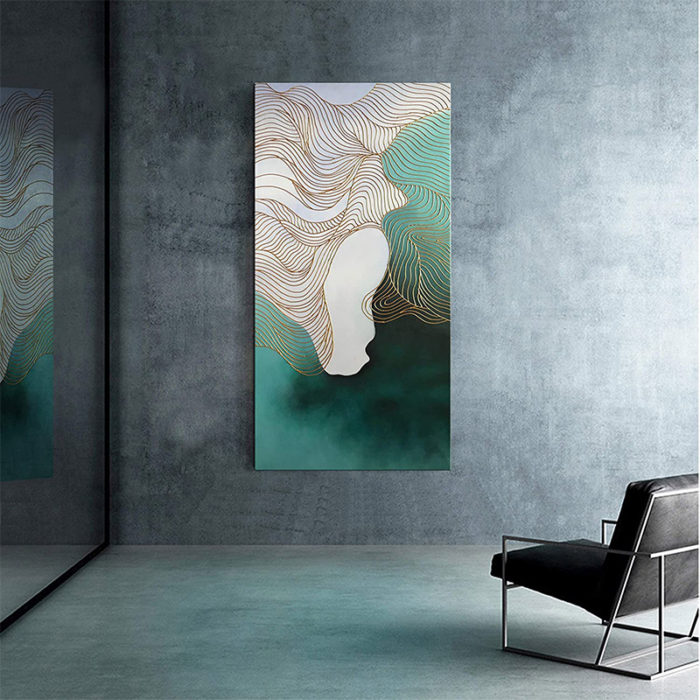 Irregular Gold Line Blue-Green Abstract Canvas Painting For Hallway