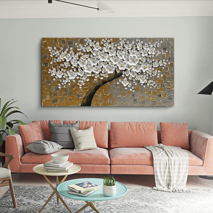 White Floral Blossom Tree Texture Palette Knife Flowers Paintings
