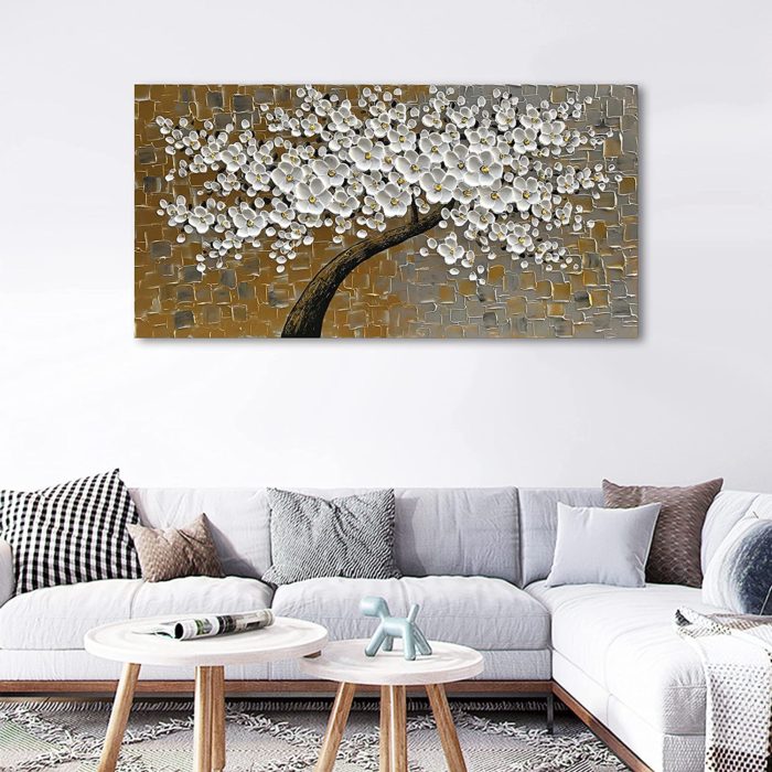 White Floral Blossom Tree Texture Palette Knife Flowers Paintings - Image 4