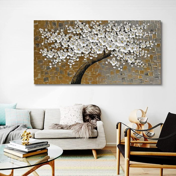 White Floral Blossom Tree Texture Palette Knife Flowers Paintings - Image 5