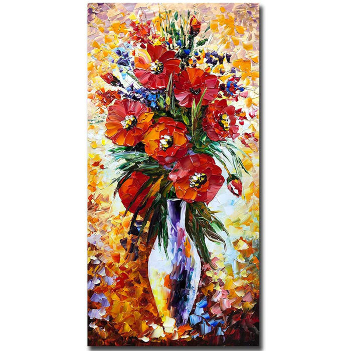 Large Red Bouquet With Vase Colorful Textured Hand Painted Artwork - Image 2