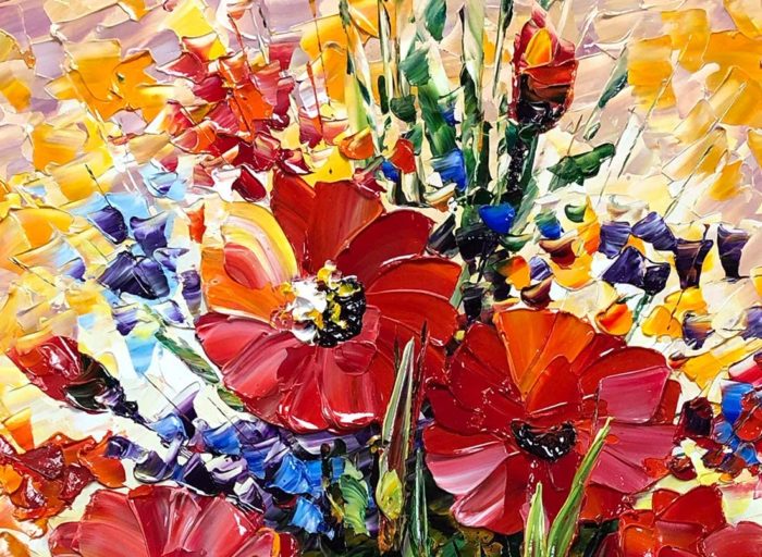 Large Red Bouquet With Vase Colorful Textured Hand Painted Artwork - Image 4