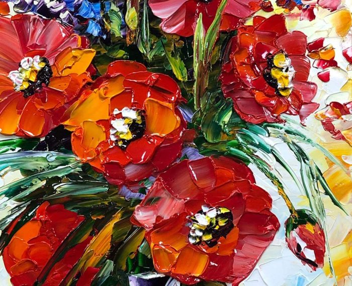 Large Red Bouquet With Vase Colorful Textured Hand Painted Artwork - Image 3