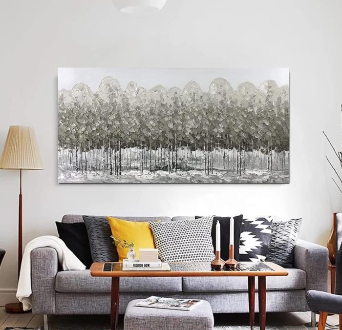 Light Grey Forest Scape Clear Textured Canvas Wall Art Above Sofa