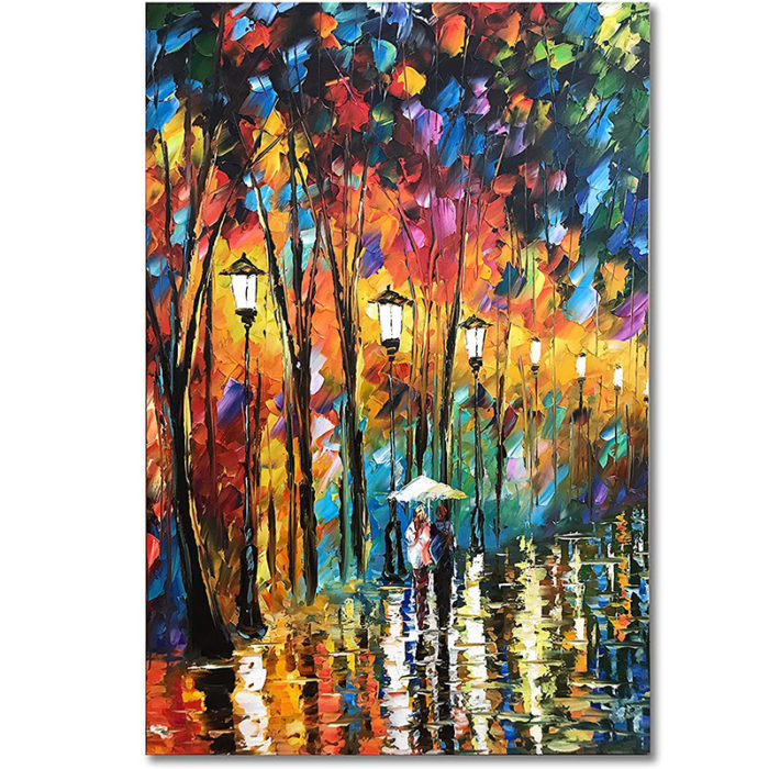 Lovers Walk Under Rain On Street With White Umbrella Colorful Art - Image 2