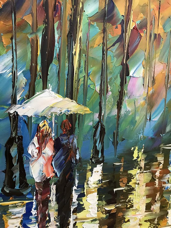 Lovers Walk Under Rain On Street With White Umbrella Colorful Art - Image 3