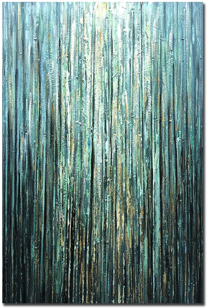 Minimalist Abstract Teal Line Vertical Canvas Wall Art Above Sofa - Image 2