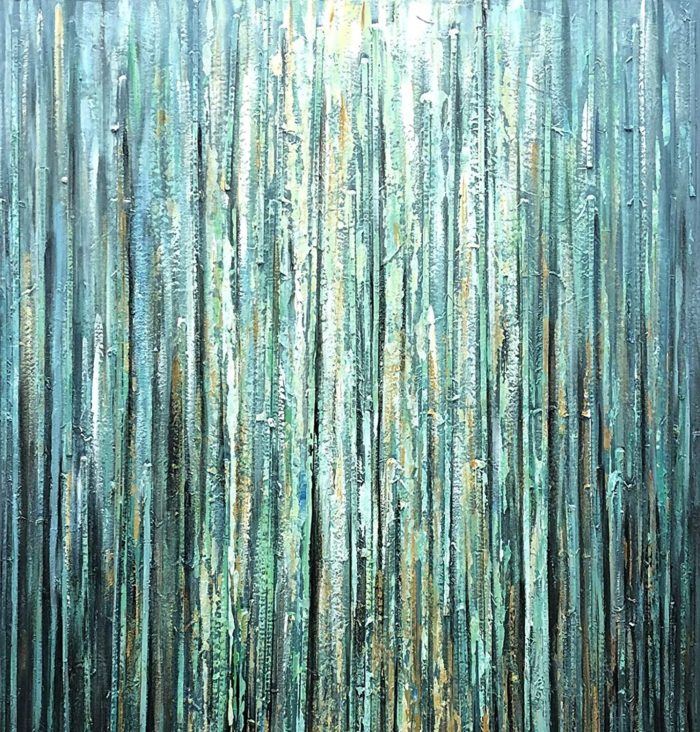 Minimalist Abstract Teal Line Vertical Canvas Wall Art Above Sofa - Image 4