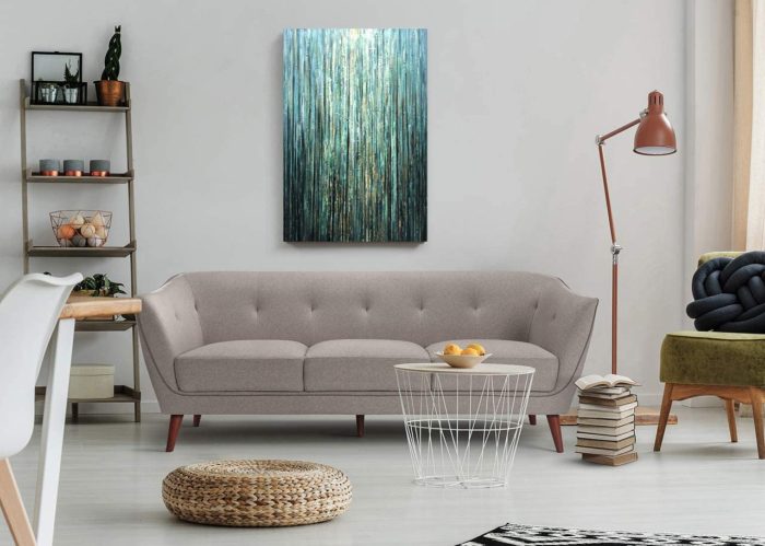 Minimalist Abstract Teal Line Vertical Canvas Wall Art Above Sofa - Image 6