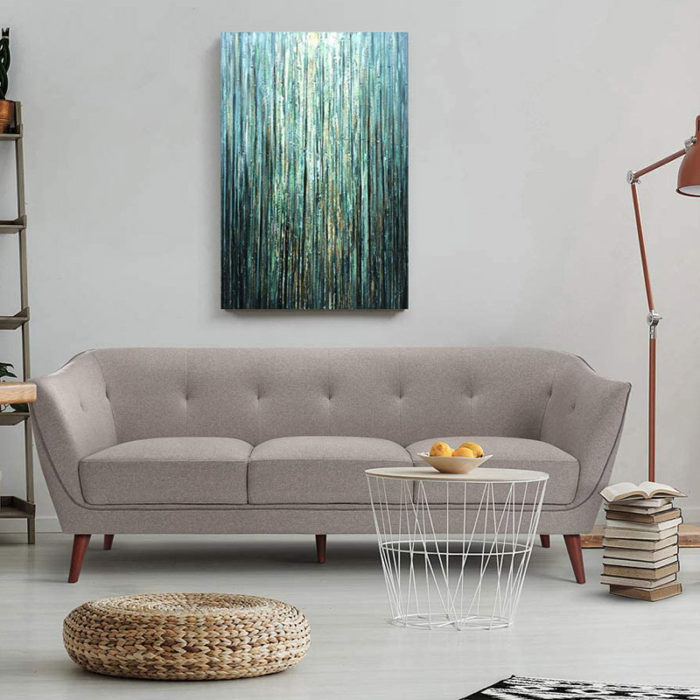Minimalist Abstract Teal Line Vertical Canvas Wall Art Above Sofa