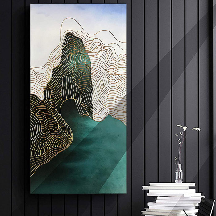 Modern Wall Art Vertical Canvas For Home Gold Line Green-Blue Peak