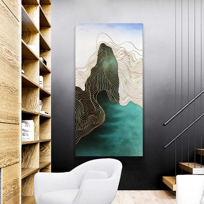 Modern Wall Art Vertical Canvas For Home Gold Line Green-Blue Peak - Image 5