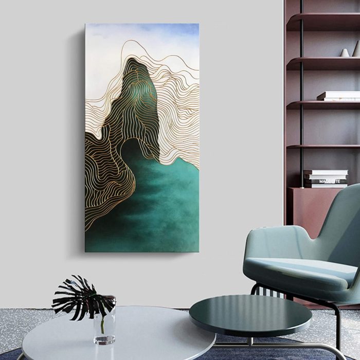 Modern Wall Art Vertical Canvas For Home Gold Line Green-Blue Peak - Image 7