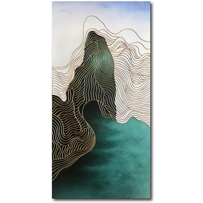 Modern Wall Art Vertical Canvas For Home Gold Line Green-Blue Peak - Image 2