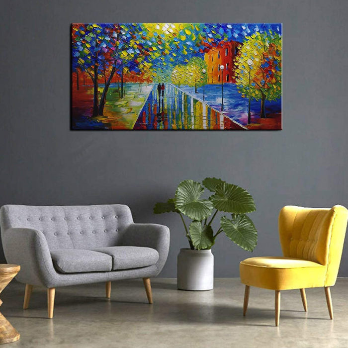 Night Streetscape Couple Go Towards Home Wall Art For Living Room
