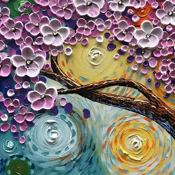 Pink Blossoming Tree With Branch Starry Night Canvas Wall Art - Image 3