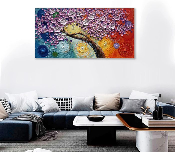 Pink Blossoming Tree With Branch Starry Night Canvas Wall Art - Image 5