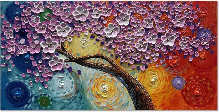 Pink Blossoming Tree With Branch Starry Night Canvas Wall Art - Image 2