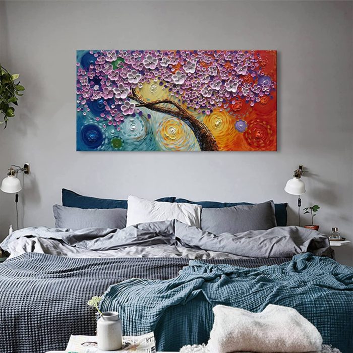 Pink Blossoming Tree With Branch Starry Night Canvas Wall Art