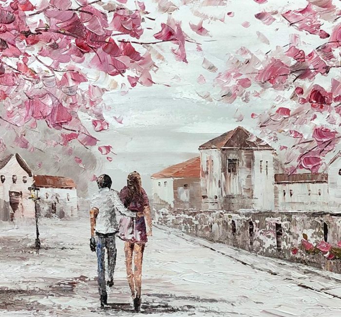 Pink Canvas Art Couple Stroll In Village Landscape Hang Above Sofa - Image 3