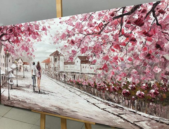 Pink Canvas Art Couple Stroll In Village Landscape Hang Above Sofa - Image 5