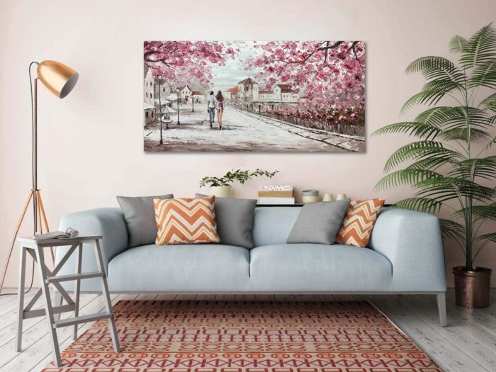 Pink Canvas Art Couple Stroll In Village Landscape Hang Above Sofa