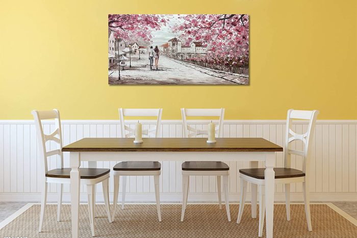 Pink Canvas Art Couple Stroll In Village Landscape Hang Above Sofa - Image 6