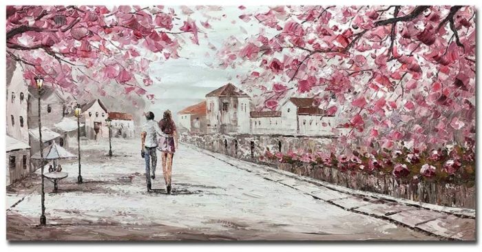 Pink Canvas Art Couple Stroll In Village Landscape Hang Above Sofa - Image 2